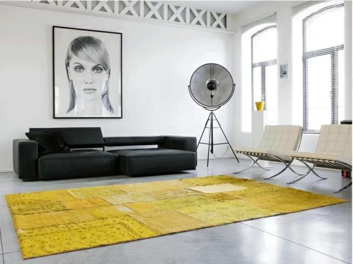 patchwork teppich wohnzimmer bodenbelag gelb