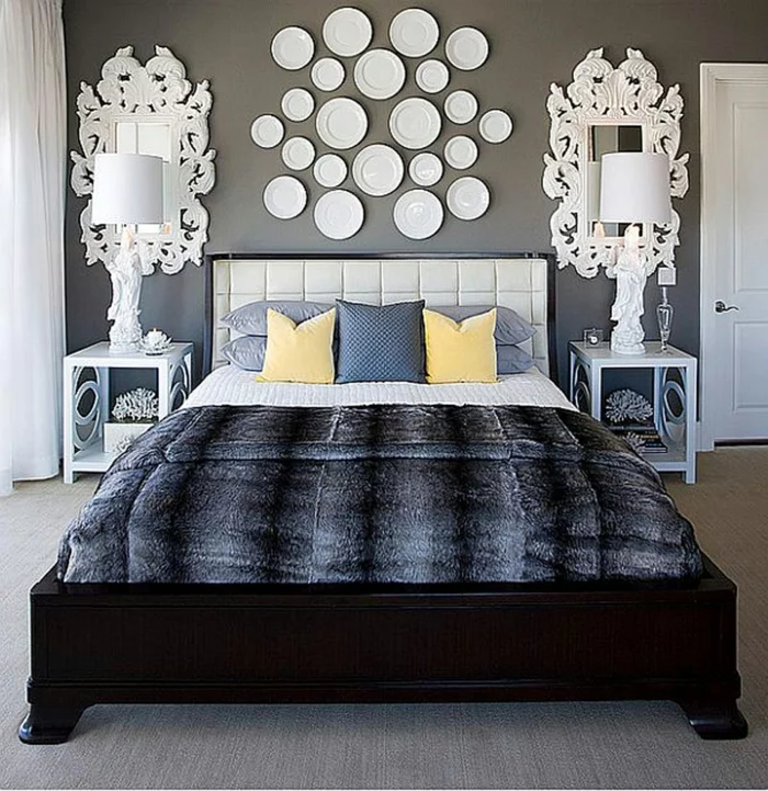 schlafzimmer dekorieren graue wandfarbe originelle wanddeko