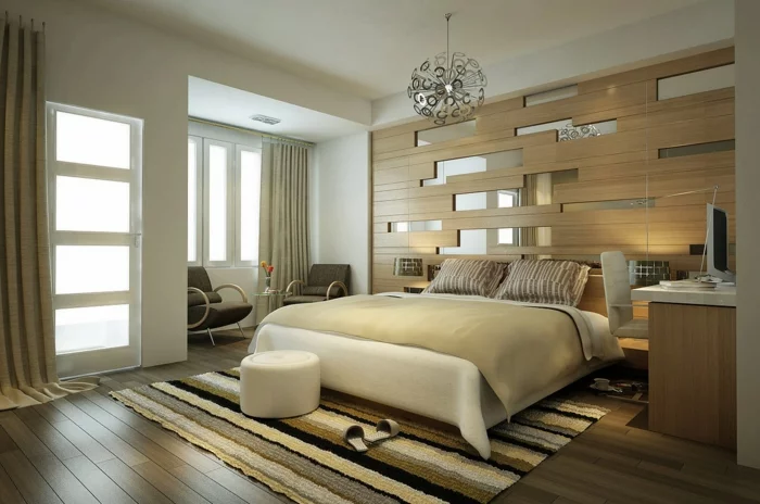 schlafzimmer einrichten schöner streifenteppich coole schlafzimemrwand