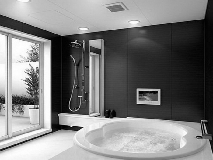 Badgestaltung Bad Ideen Badezimmer schwarz-weiß grauer whirpool