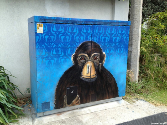 Street art Künstler schimpansen selfie