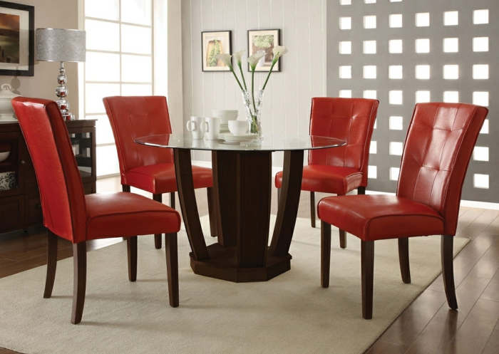 esstisch design rund rote stühle leder