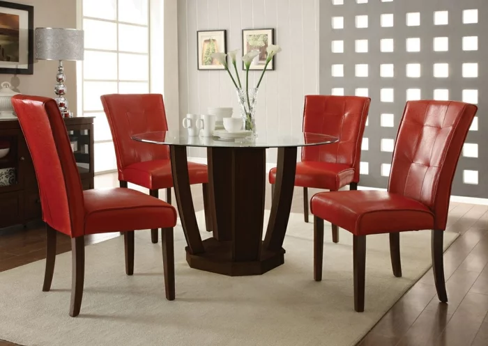 esstisch design rund rote stühle leder