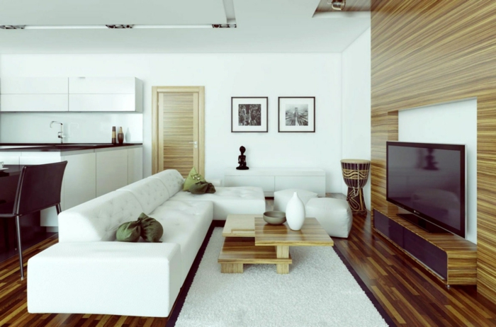 kleines wohnzimmer einrichten offener wohnplan weißes sofa