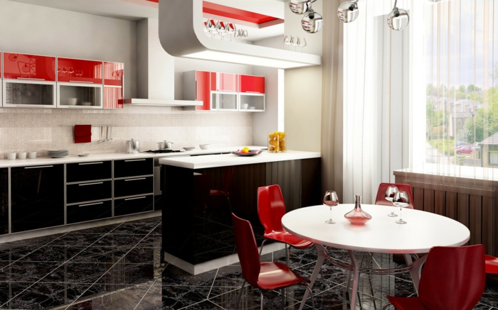 küchendesign rote küchenstühle runder esstisch schöne bodenfliesen