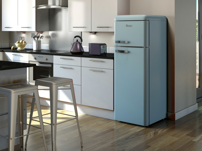 kücheneinrichtung retro kühldchrank hellblau küche einrichten