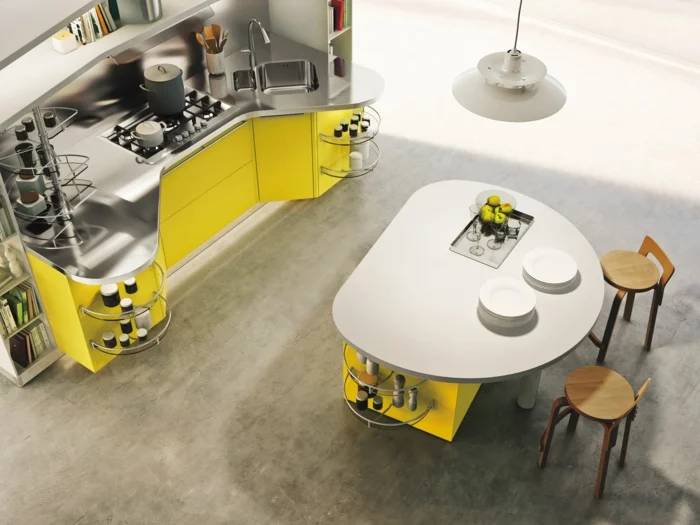 kücheninsel rund gelbe akzente schicke küchengestaltung