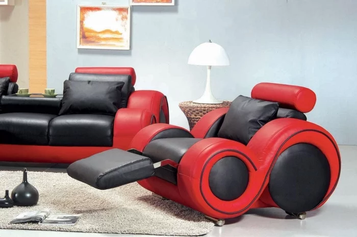 ledercouch echtleder glatt schwarz rot futuristisches design