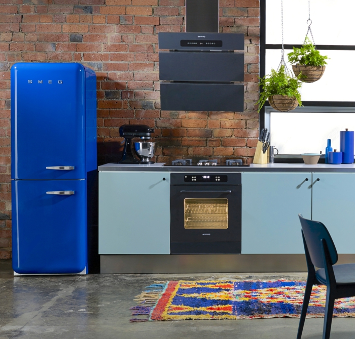retro kühlschrank blau farbiger teppich schöne küchenschränke hängepflanzen