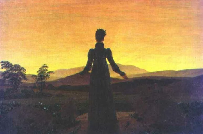  Romantik Kunst Stilepoche Gemälde von Caspar David Friedrich Frau vor dem untergehenden Sonne