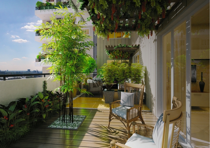 terrasse gestalten ideen pflanzen bambus stühle