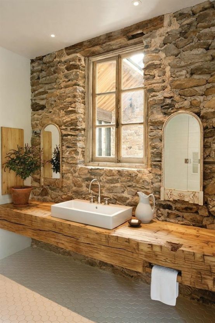waschtisch holz rustikale badezimmer ideen steinwand