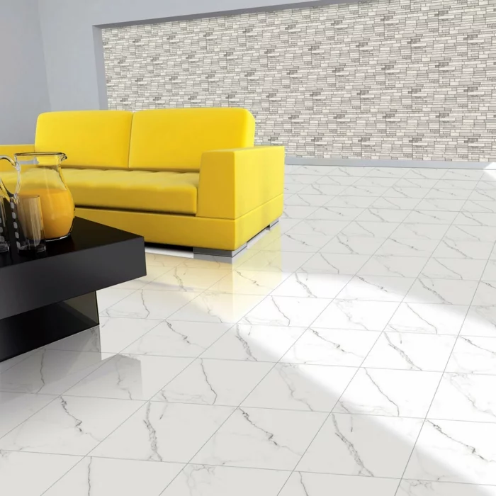 bodenfliesen design wohnzimmer einrichten gelbes sofa schwarzer couchtisch