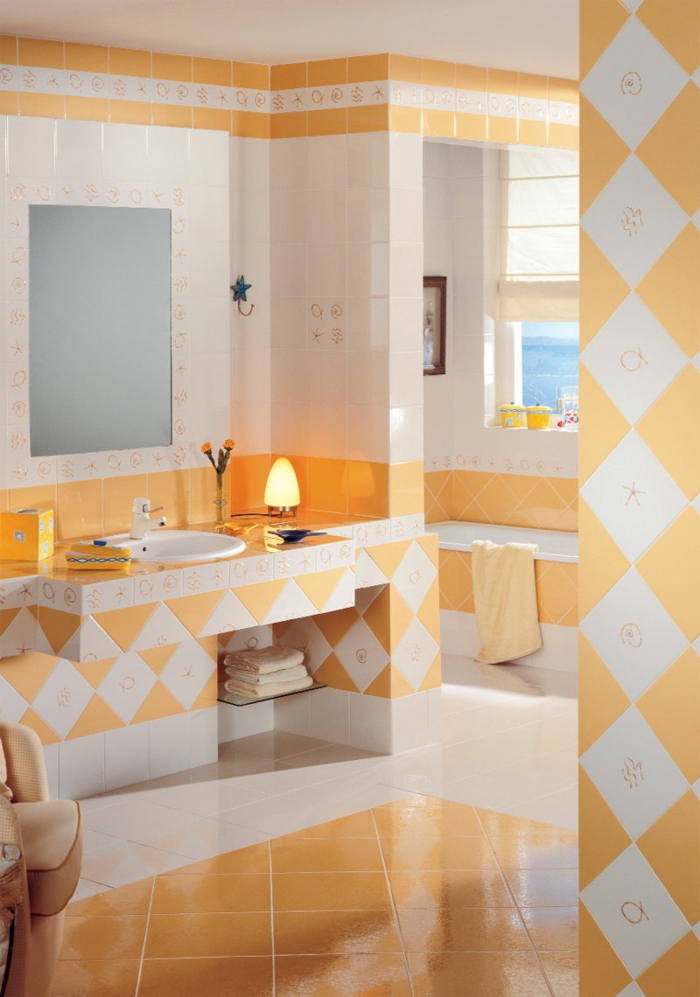 fliesen farbe badezimmer gestalten gemütlich orange weiß kombinieren