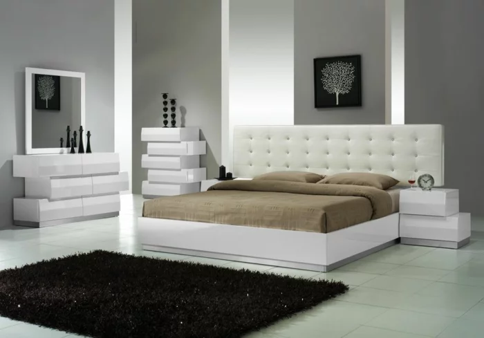 ideen schlafzimmer grau weißes leder schwarzer hochflor teppich