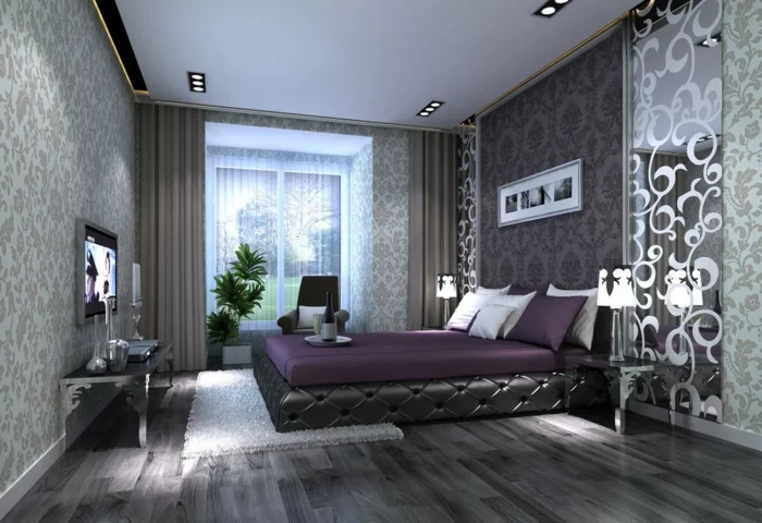 ideen schlafzimmer graue nuancen florale muster tapeten