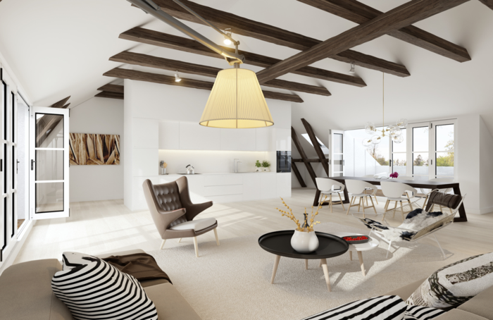 innendesign ideen wohnzimmer balkendecke skandinavisches design