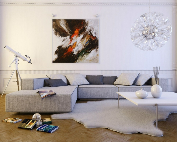 innendesign ideen wohnzimmer coole pendelleuchte weißer fellteppich