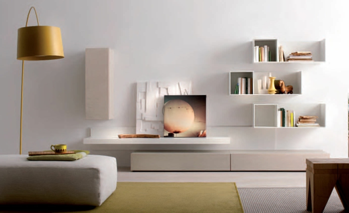 innendesign modernes wohnzimmer weiß wohnwand farbiger teppich