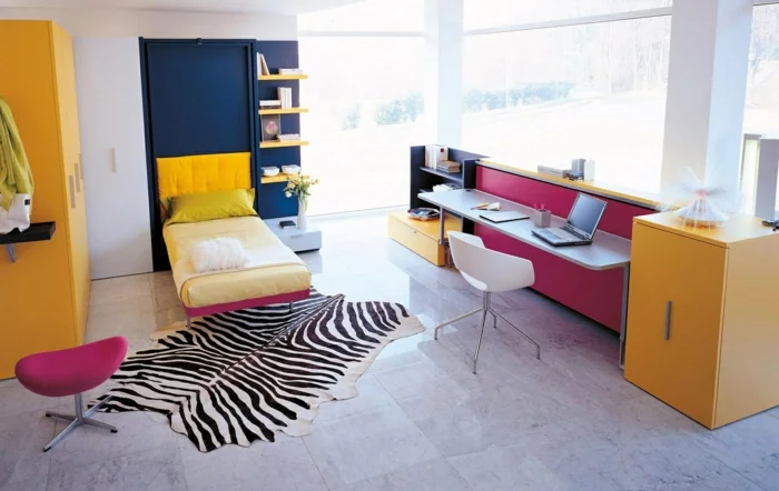 jugendzimmer einrichtung cooler fellteppich gelbe möbel