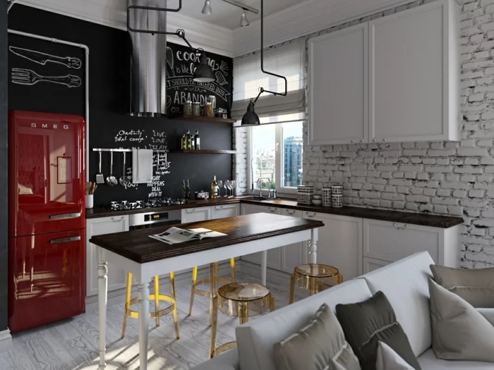kreative wandgestaltung küche roter kühlschrank coole barhocker ziegelwand
