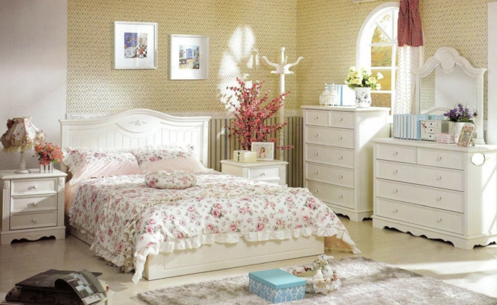 landhausstil schlafzimmer weiße möbel schöne muster