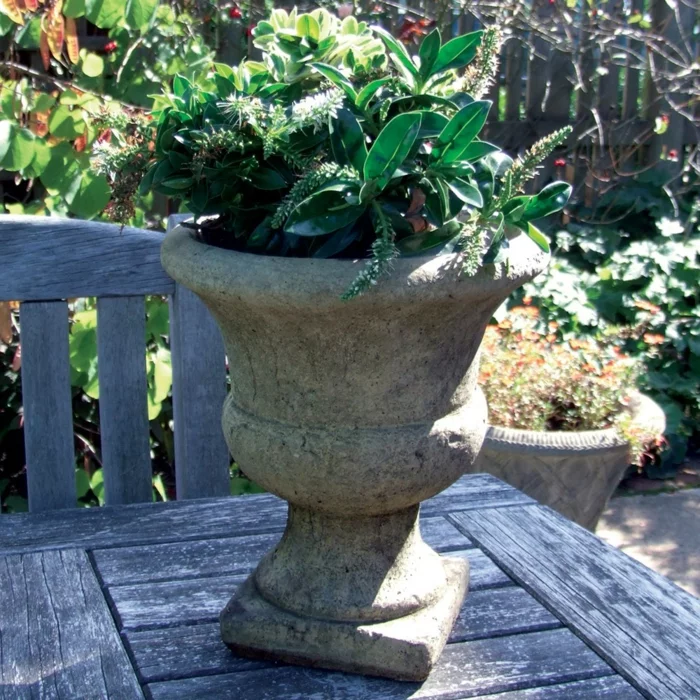 Pflanzkübel Design aus Stein mit Pflanzen verschiedener Art 