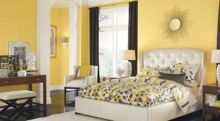 schlafzimmer einrichten gelb durch weiß und schwarz mildern