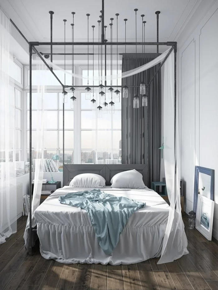 wohnideen schlafzimmer in industriellem stil mit pendelleuchten