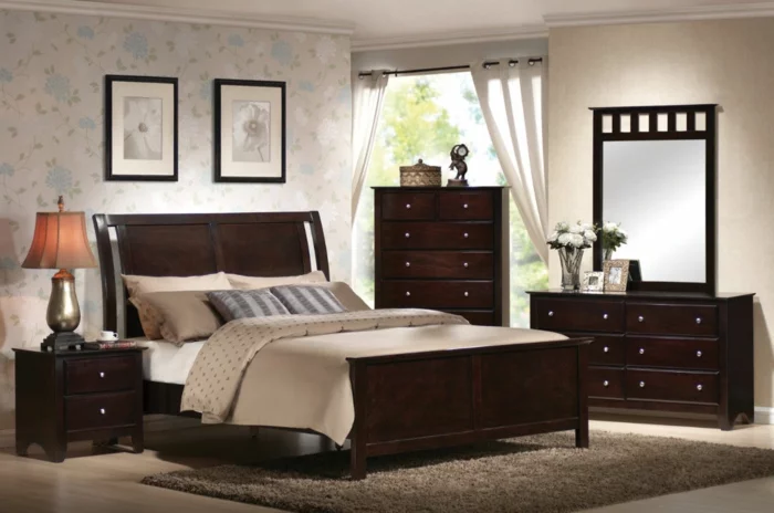 schlafzimmer einrichten ideen braune möbel wandtapete
