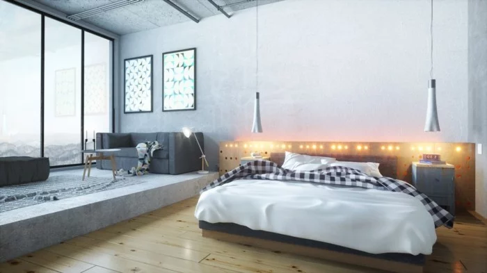 schlafzimmer einrichten in industriellen stil offener wohnplan
