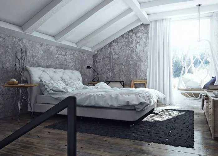 schlafzimmer einrichten inustrielles schlafzimmer mit wunderschöner wandgestaltung