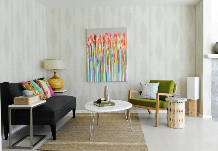 trends möbel retro wohnzimmer wandtapete farbige möbelstücke