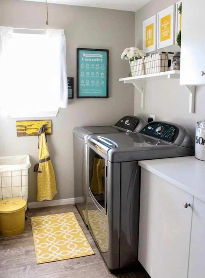 waschküche einrichten tipps bodenbelag gelber teppich möbel