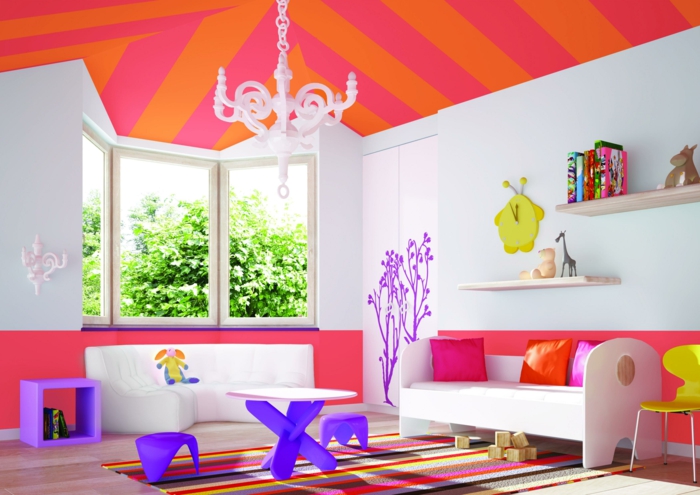 wohnideen kinderzimmer streifenteppich farbige decke weiße wände offene wandregale