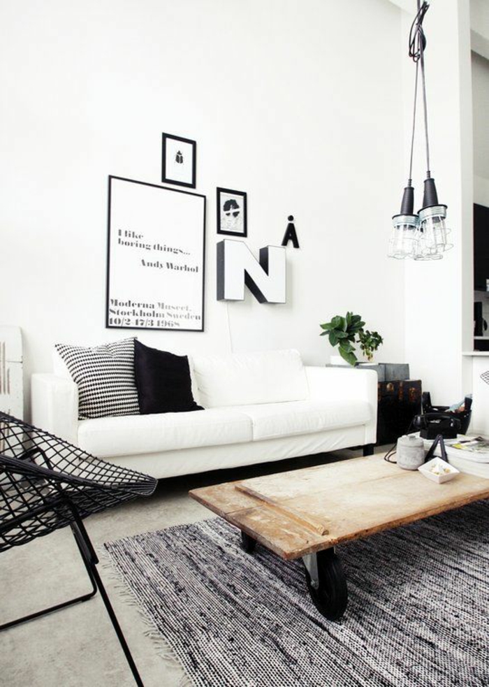 wohnideen wohnzimmer industrieller stil weißes sofa pendelleuchten