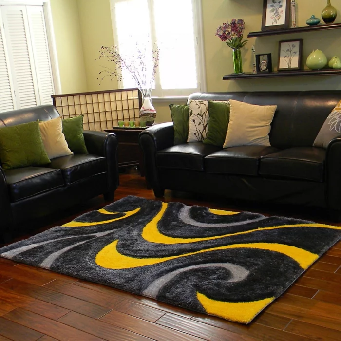 wohnzimmer einrichten tipps bodenbelag teppich gelb schwarz