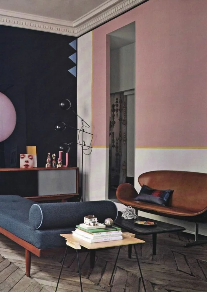 wohnzimmer gestalten farbe wandfarbe rosa retro akzente