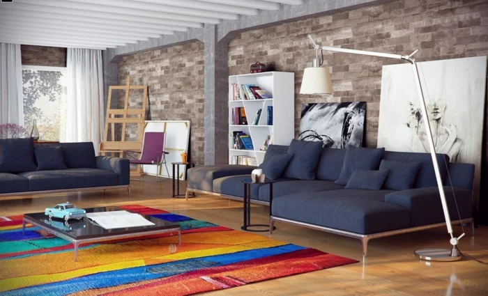 wohnzimmereinrichtung farbiger teppich graue sofas lange weiße gardinen