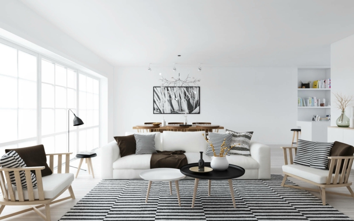 zimmergestaltung weißes wohnzimmer skandinavisches design streifenmuster