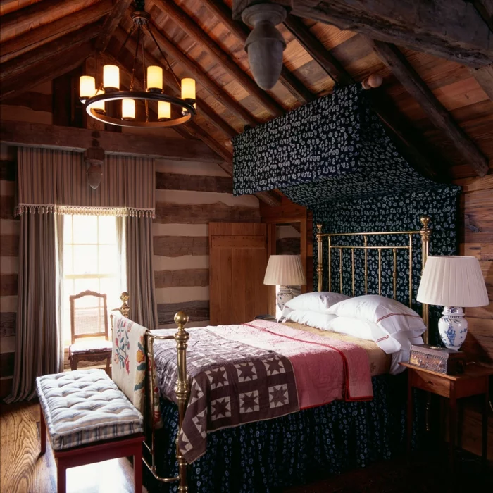design betten schlafzimmer rustikaler look leuchter schöner boden