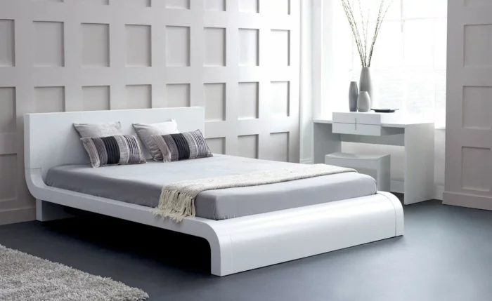 design betten weiß grauer boden schöne wandgestaltung schlafzimmer