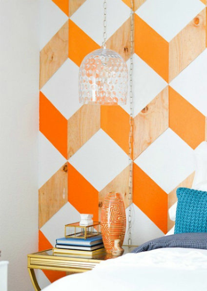diy wohnideen wanddekoration geometrische muster orange holz weiß