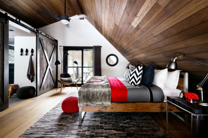 ideen für schlafzimmer deckengestaltung holz ausgefallener teppich hölzerne elemente