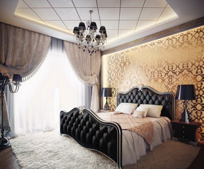 ideen schlafzimmer schöne deckengestaltung weßer teppich luxuriöse wandgestaltung