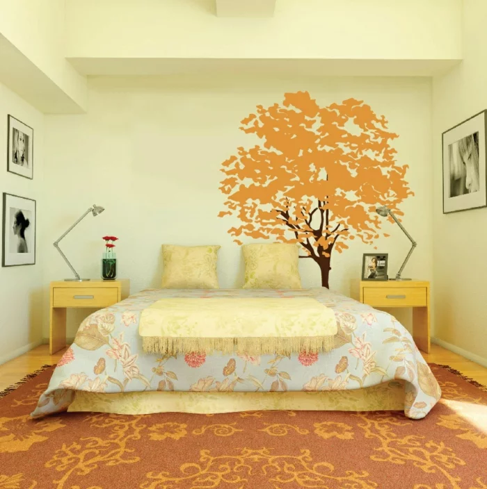 innendesign herbst schlafzimmer florale muster teppich wandtattoo