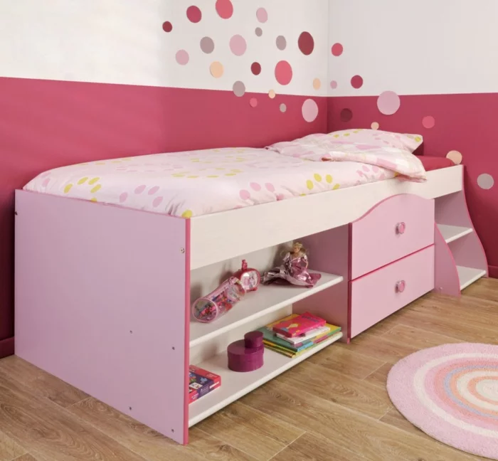 kinderbetten rosa design mädchenzimmer offene regale schubladen