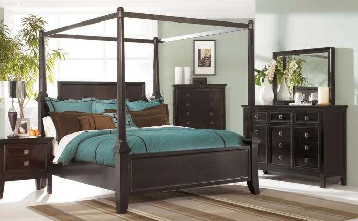 modernes schlafzimmer einrichten grüne bettwäsche elegante brune möbel pflanzen