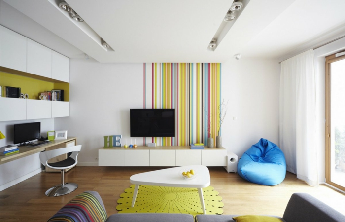 runder teppich wohnzimmer einrichten grüner teppich farbige streifen