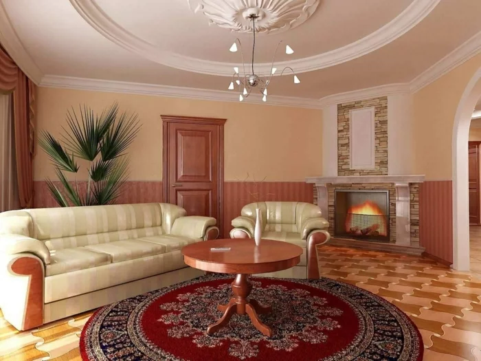 runder teppich wohnzimmer farbig wohnzimmermöbel pflanze kamin